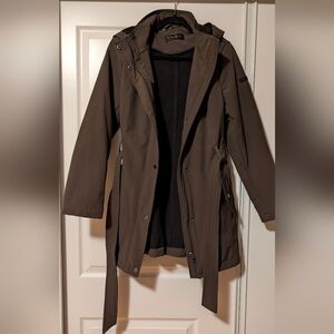 Donna Karan Dark Brown Hooded Trench Raincoat with Belt
